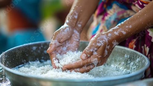 Woman washing rice with water in a metal bowl using her hands