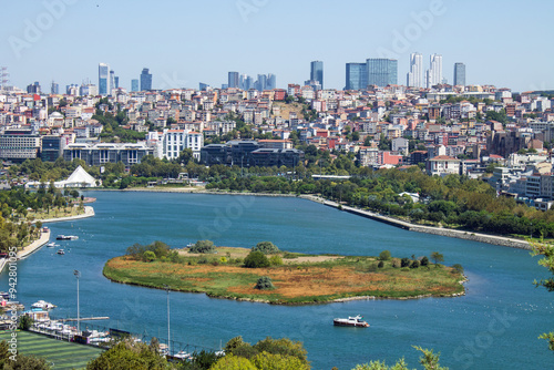 Beautiful panoramic view of Istanbul city and Marmara sea from the shores of Princes' Islands on a sunny summer day and copy space