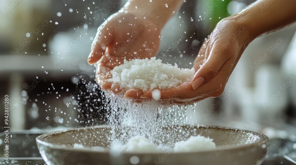 Fototapeta premium Cook is rinsing rice in the kitchen sink to prepare a nutritious meal