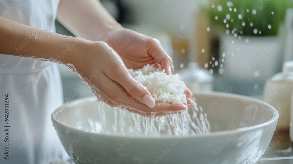 Preparing a meal: a cook washing rice in the kitchen Preparing a meal: a cook washing rice in the kitchen