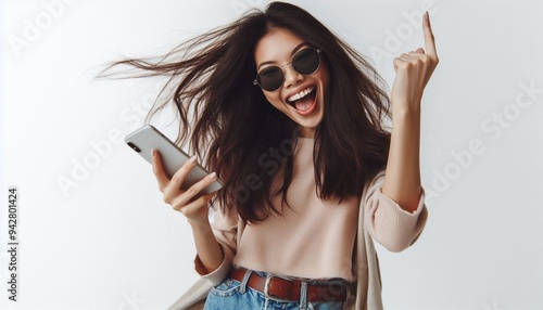 Enthusiastic asian girl in sunglasses, holding smartphone, celebrating and dancing, laughing happy with mobile phone, standing over white background. Brown color theme.
