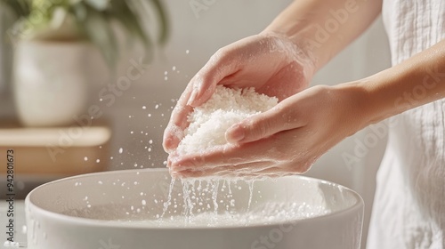 Woman adding bath salts to a hot bath for a relaxing soak