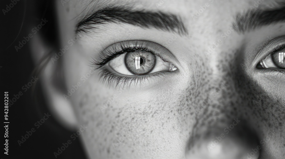 Close-up Black and White Portrait of a Woman's Eye with Freckles Close-up Black and White Portrait of a Woman's Eye with Freckles