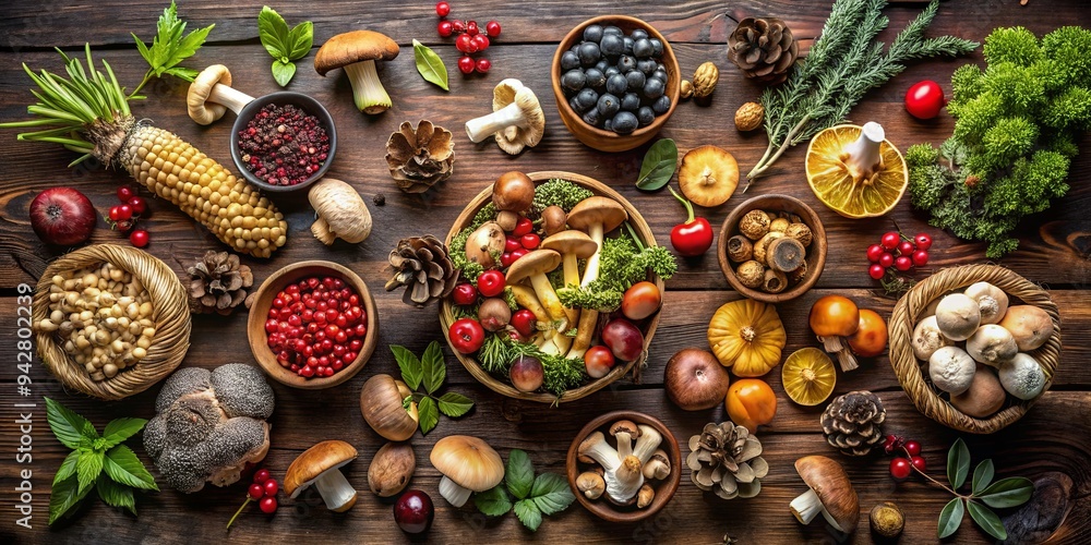 A variety of wild mushrooms, berries, and food ingredients neatly arranged on a dark wood table in a knolling style A variety of wild mushrooms, berries, and food ingredients neatly arranged on a dark wood table in a knolling style