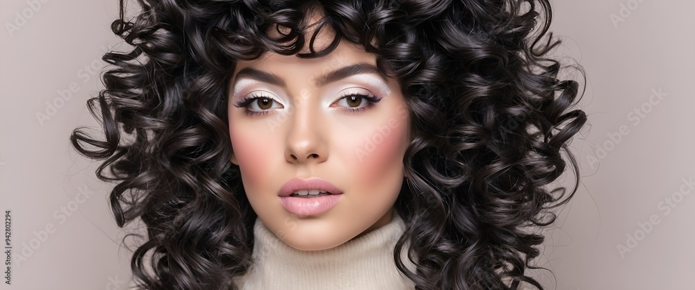Fototapeta premium Lovely model with shiny volume curly hair, winter white eyeshadows make-up, pale lips and pink cheeks. 
