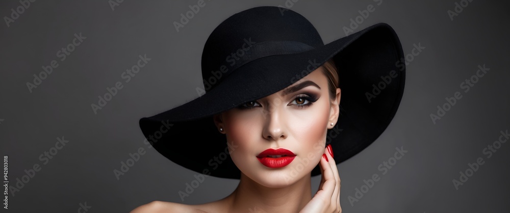 Elegant Woman Face Portrait hidden by Black Hat. Elegant Woman Face Portrait hidden by Black Hat.