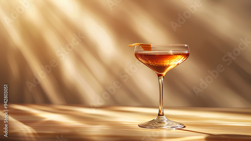 Cocktail with Orange Twist on Wooden Table in Golden Light