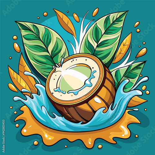 Coconut whole with tree holes Cartoon coconut icon Coconut milk