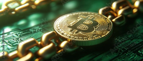 Golden Bitcoin with encrypted chain links, isolated on a green background, close-up, 3D Blender style, realistic lighting, no faces photo