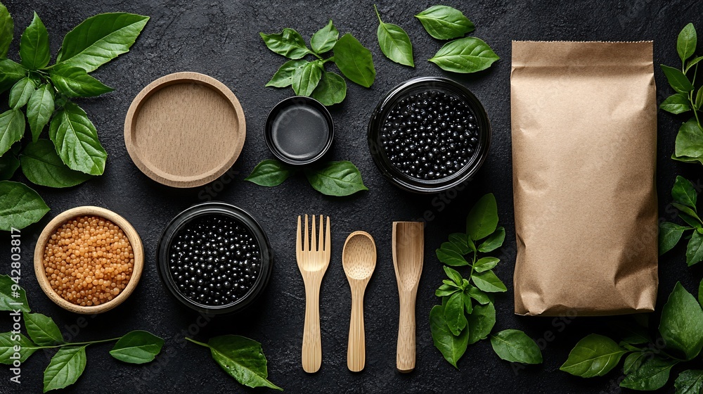Sustainable packaging with eco-friendly cups, utensils, and coffee items on a dark backdrop, highlighting nature's beauty.
Sustainable packaging with eco-friendly cups, utensils, and coffee items on a dark backdrop, highlighting nature's beauty.