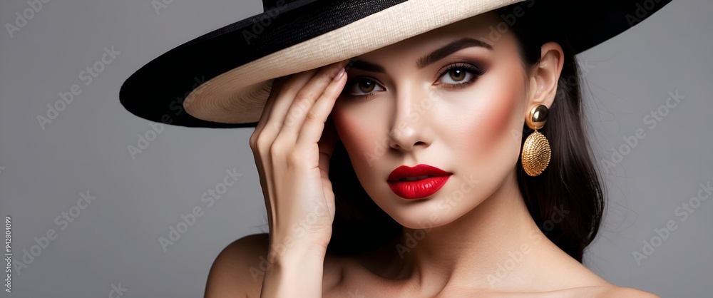 Fashion Woman in Hat with Red Lips Make up and Golden Earring. Beauty Model Face Hidden by Wide Broad Brim Hat. Elegant Lady Close up Portrait over Gray Fashion Woman in Hat with Red Lips Make up and Golden Earring. Beauty Model Face Hidden by Wide Broad Brim Hat. Elegant Lady Close up Portrait over Gray