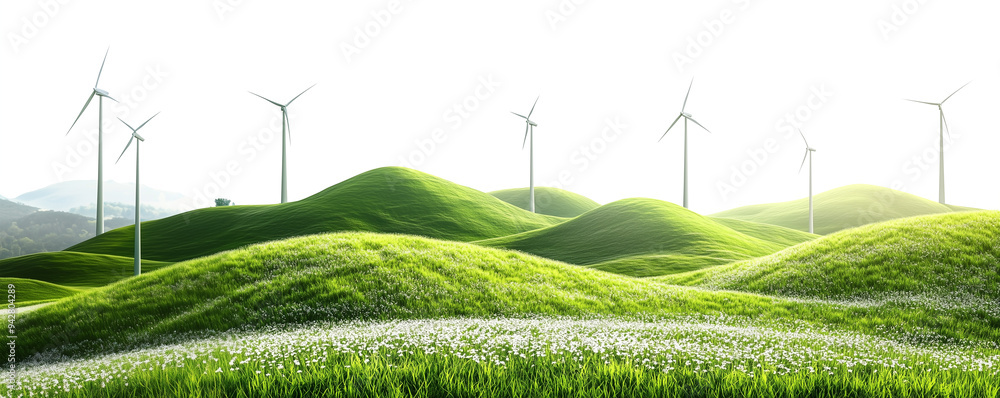 Εκτύπωση καμβά Wind turbines and grassy hills flora isolated against transparent background