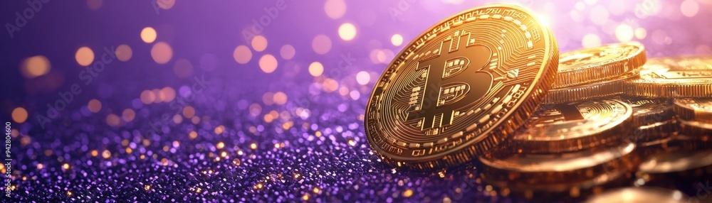 Golden Bitcoin surrounded by digital encryption, isolated on a purple background, close-up, flat design style, studio lighting Golden Bitcoin surrounded by digital encryption, isolated on a purple background, close-up, flat design style, studio lighting