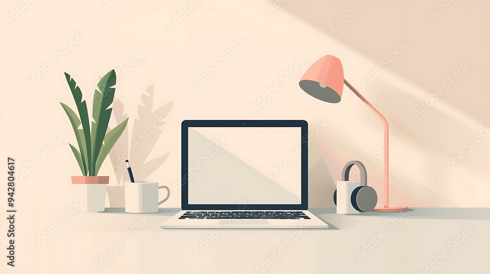 © MyDorkyDolphin - A minimalist illustration of a remote work setup, featuring a laptop on a clean desk with a cup of coffee and headphones, set against a simple background. 8k UHD, suitable for high-quality printing © MyDorkyDolphin - A minimalist illustration of a remote work setup, featuring a laptop on a clean desk with a cup of coffee and headphones, set against a simple background. 8k UHD, suitable for high-quality printing