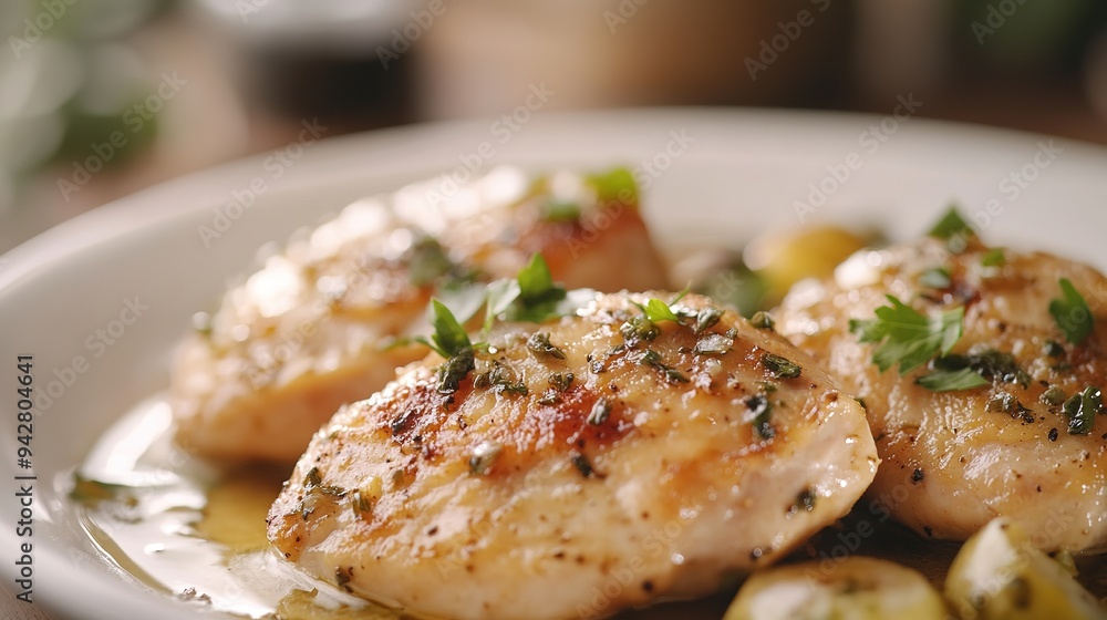 Stylish Presentation of Light-Colored Chicken Piccata with a Wide Shot, Exuding Elegance and Appetizing Flair on a Light Background Stylish Presentation of Light-Colored Chicken Piccata with a Wide Shot, Exuding Elegance and Appetizing Flair on a Light Background