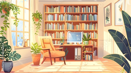 An illustration of a home office setup with a computer, a comfortable chair, and shelves filled with books and plants, conveying a cozy and productive atmosphere. 8k UHD, suitable for high-quality 