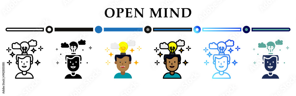 Open mind icon on banner web icons collection. 6 Various style icons. For sign, symbol, element, presentation, infographic or web graphics. Open mind icon on banner web icons collection. 6 Various style icons. For sign, symbol, element, presentation, infographic or web graphics.