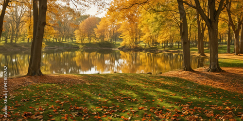 Serene Autumn Scene with Fallen Leaves, Vibrant Foliage, and Calm Lake photo