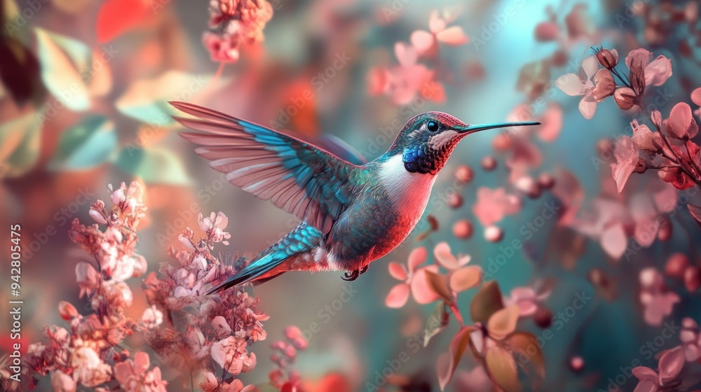 Fototapeta premium Vibrant Hummingbird in Flight Against a Blurred Floral Background