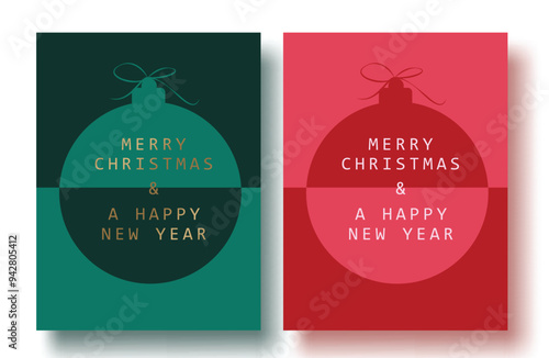 Merry christmas greeting card vector set design. Christmas greeting text in flat sphere ball elements with red and blue background for holiday poster collection. Vector illusration new year card 