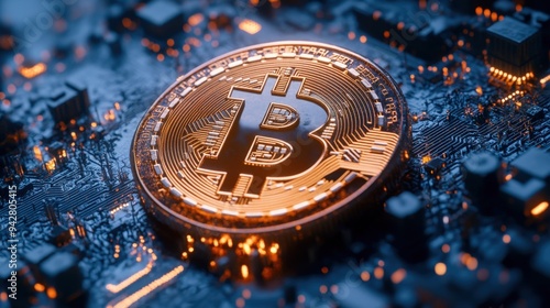 Digital Bitcoin surrounded by encryption symbols, isolated on a blue background, close-up, 3D Blender style, studio lighting