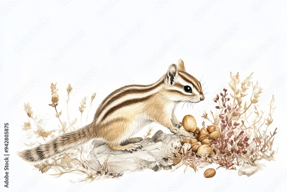 Obraz premium A charming illustration of a chipmunk among herbs and nuts, showcasing the beauty of nature and wildlife.