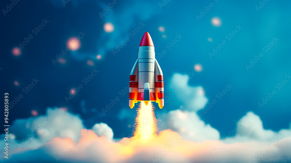 Fototapeta premium 空を飛ぶ宇宙ロケットのポップな3Dイラスト