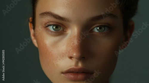 Close-up Portrait of a Woman with Green Eyes and Freckles photo