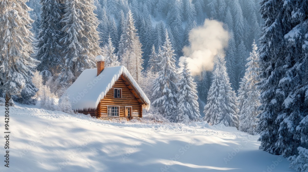 Nestled among tall snow-covered pines, a charming log cabin exudes warmth as smoke rises from its chimney, creating a peaceful winter ambiance in the tranquil morning light Nestled among tall snow-covered pines, a charming log cabin exudes warmth as smoke rises from its chimney, creating a peaceful winter ambiance in the tranquil morning light