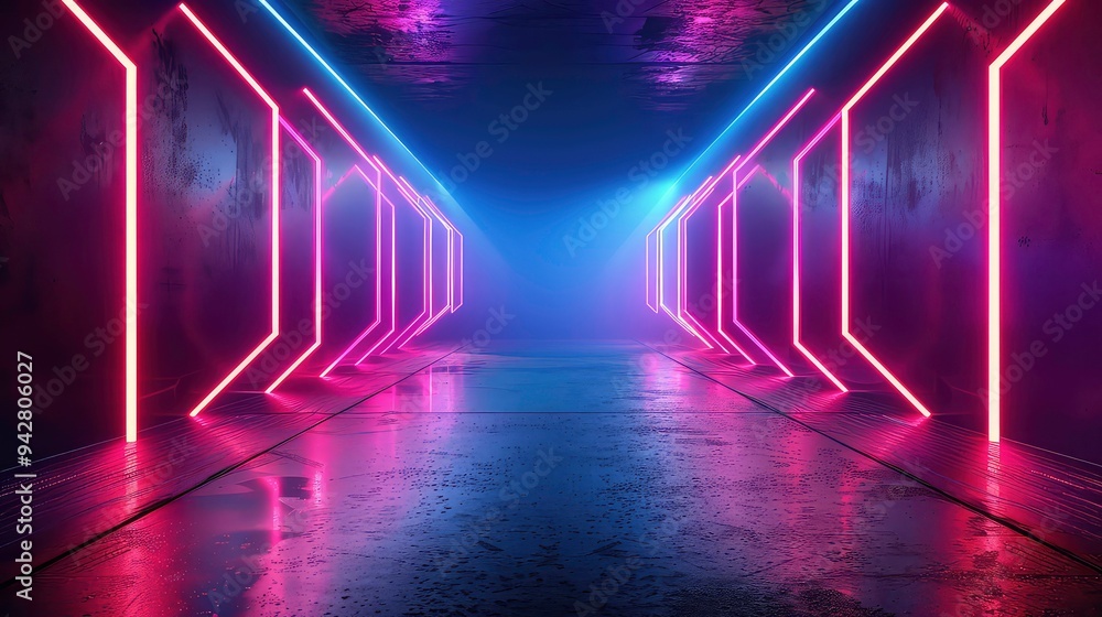 A futuristic corridor with glowing pink and blue neon lights on the walls, reflecting on the wet floor. A futuristic corridor with glowing pink and blue neon lights on the walls, reflecting on the wet floor.