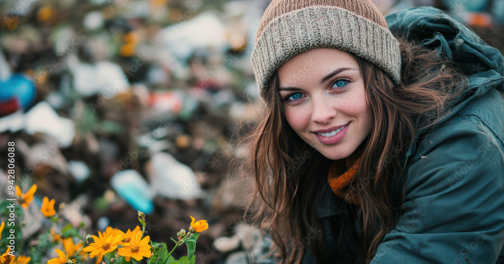 woman participates in CSR work, collecting trash in littered area where small, bright flowers bloom amidst the waste. The image highlights the contrast between the beauty of nature. woman participates in CSR work, collecting trash in littered area where small, bright flowers bloom amidst the waste. The image highlights the contrast between the beauty of nature.
