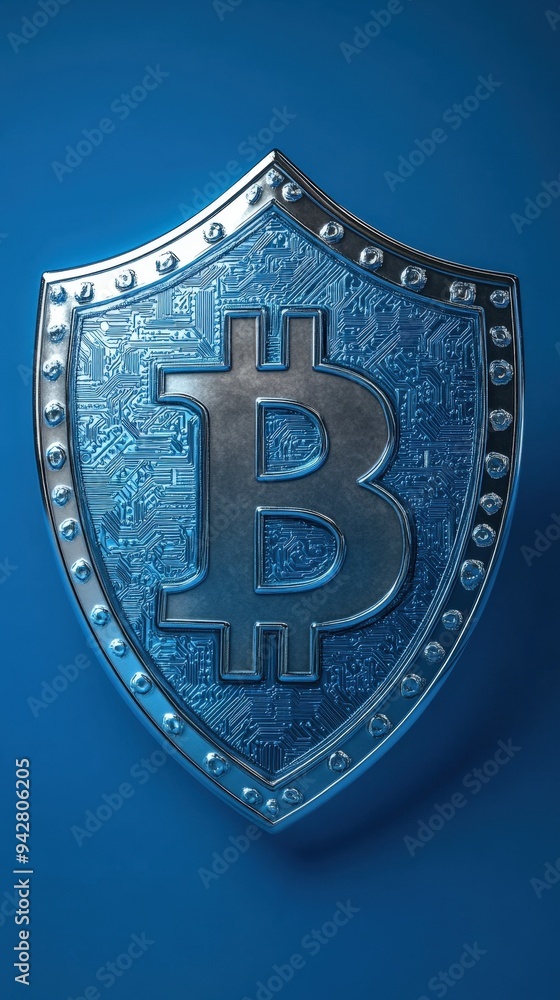 Bitcoin with secure encryption shield, isolated on a blue background, close-up, flat design style, studio lighting Bitcoin with secure encryption shield, isolated on a blue background, close-up, flat design style, studio lighting