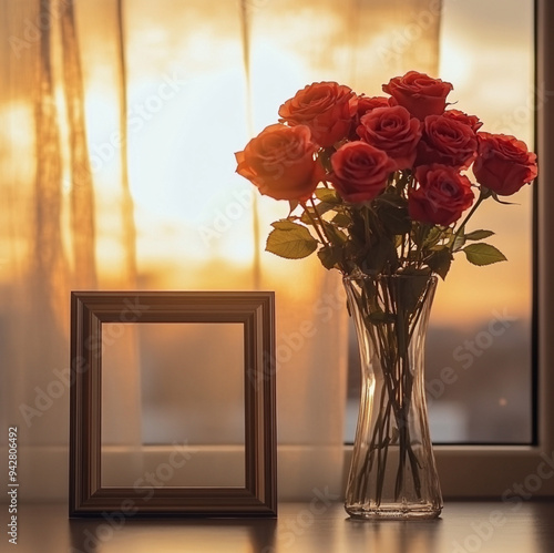 a vase with red roses close-up white stands on a table in a luxurious interior, conveys luxury, wealth. Interior with panoramic windows against the backdrop of the sunset photo