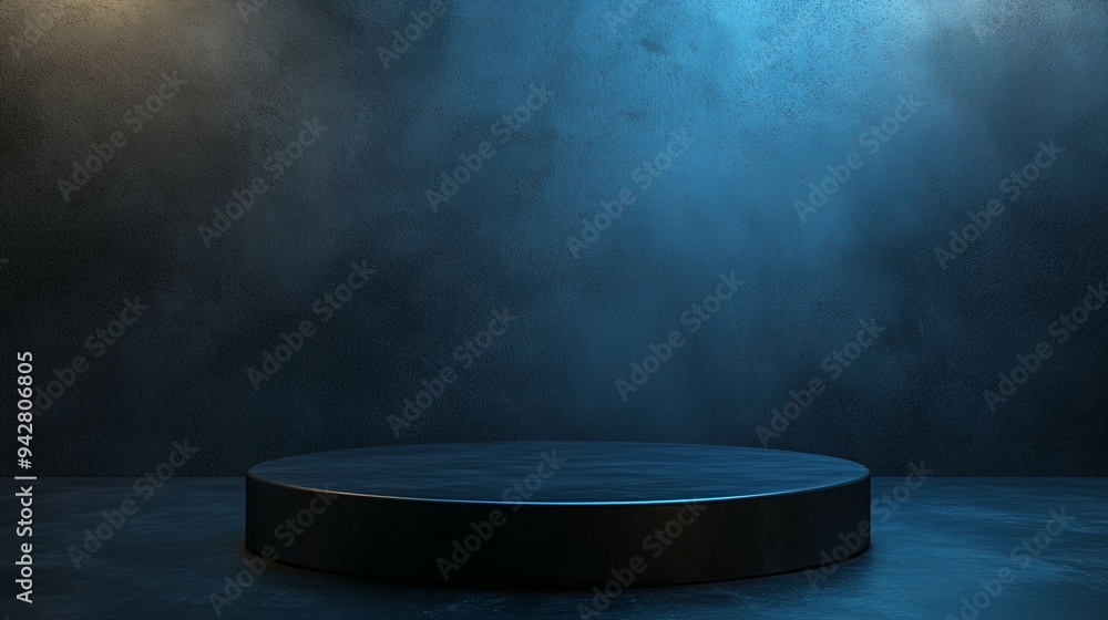 A smooth black stone podium with subtle texture, set against a dark, misty background, evoking elegance and simplicity. A smooth black stone podium with subtle texture, set against a dark, misty background, evoking elegance and simplicity.