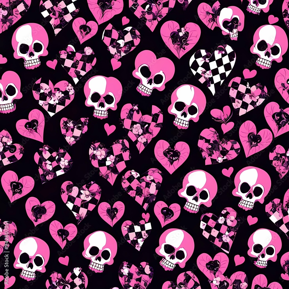 The charming digital illustration features a repeating pattern of skulls and hearts with a gothic twist