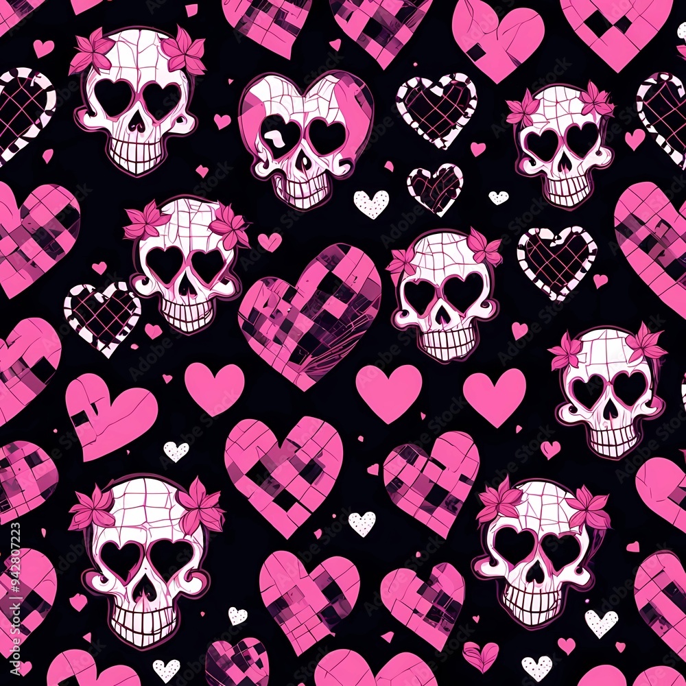 Stunning gothic seamless pattern with pink skulls and checkered hearts on a black background.