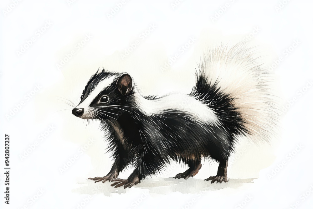 Fototapeta premium A detailed illustration of a skunk, showcasing its striking black and white fur and bushy tail in a natural pose.