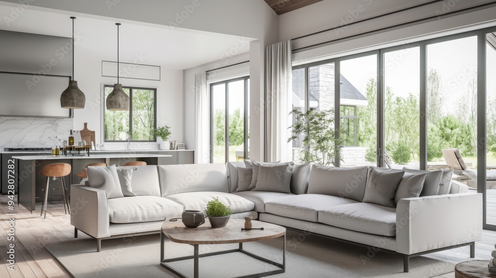 Luxurious Open-Concept Living: AI-Generated Interior Design of Modern Apartment. Stunning Minimalist Kitchen, Dining, and Living Area with Panoramic Windows. Elegant Architectural Visualization for Re Luxurious Open-Concept Living: AI-Generated Interior Design of Modern Apartment. Stunning Minimalist Kitchen, Dining, and Living Area with Panoramic Windows. Elegant Architectural Visualization for Re