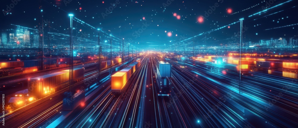 A futuristic cityscape featuring vibrant lights and dynamic transportation, showcasing a busy highway at night. A futuristic cityscape featuring vibrant lights and dynamic transportation, showcasing a busy highway at night.