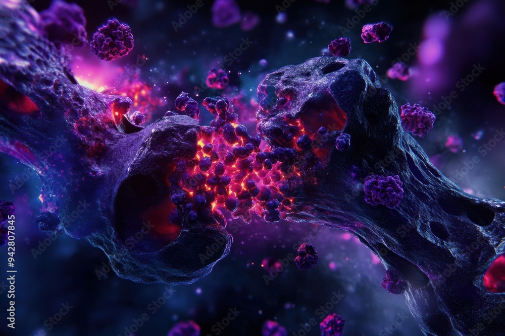 An artistic representation depicts metastasis within bones, highlighting the innovative biotechnologies designed to neutralize its spread An artistic representation depicts metastasis within bones, highlighting the innovative biotechnologies designed to neutralize its spread