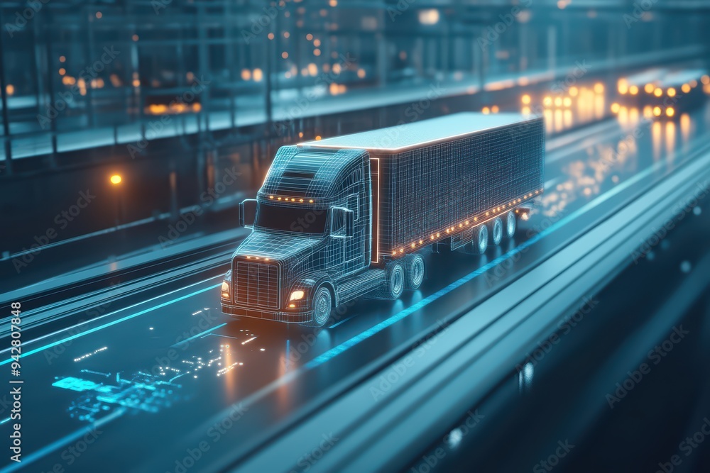A futuristic truck navigates a bustling highway, showcasing advanced technology and dynamic lighting in urban transport. A futuristic truck navigates a bustling highway, showcasing advanced technology and dynamic lighting in urban transport.