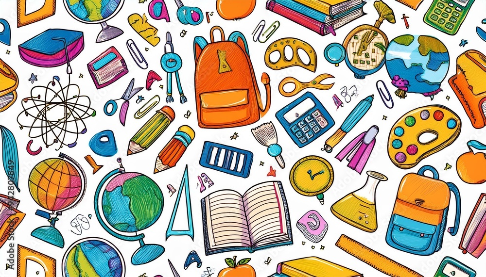 ilustración patrón de educación infantil con mochilas, lapices, pinturas, libretas, cuadernos, reglas, calculadoras...material escolar del colegio ilustración patrón de educación infantil con mochilas, lapices, pinturas, libretas, cuadernos, reglas, calculadoras...material escolar del colegio