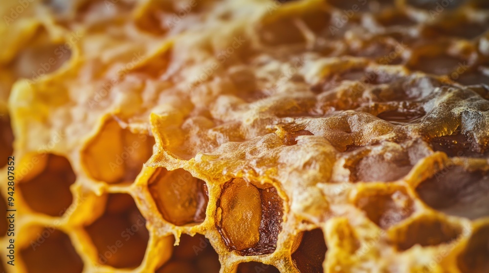 Close-up of a Honeycomb with Golden Honey