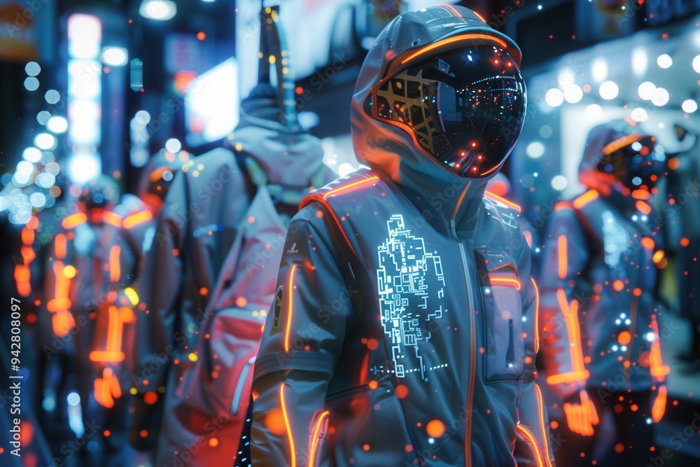 Futuristic cityscape with people in illuminated cyberpunk gear. Neon lights and digital graphics create a high-tech, dystopian atmosphere. Futuristic cityscape with people in illuminated cyberpunk gear. Neon lights and digital graphics create a high-tech, dystopian atmosphere.