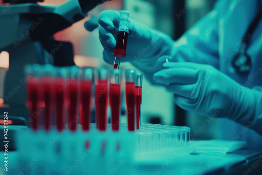 A lab technician conducts blood analysis with test tubes, showcasing the importance of medical research and diagnostics. A lab technician conducts blood analysis with test tubes, showcasing the importance of medical research and diagnostics.