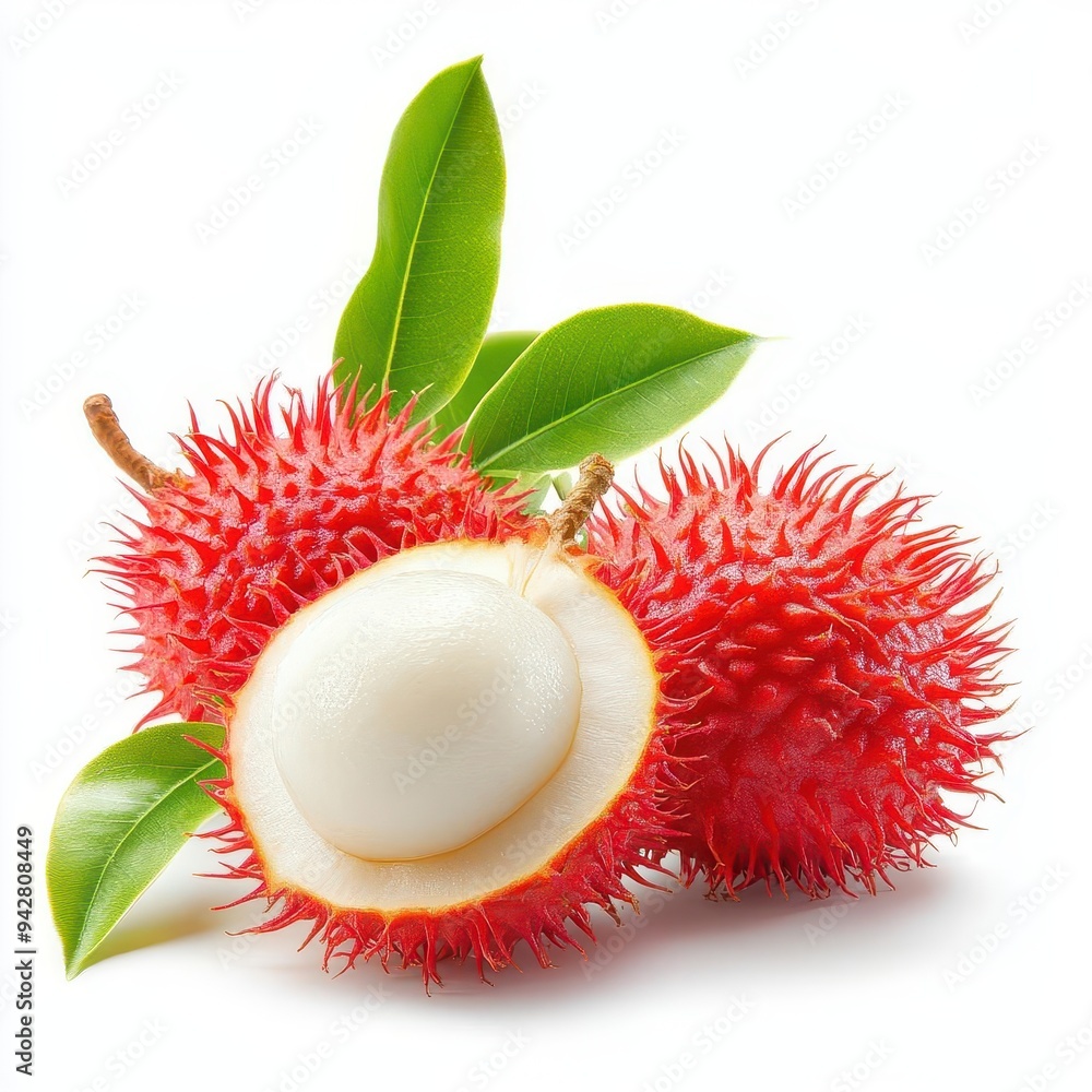Fresh rambutan fruit with leaves isolated on white background. Fresh rambutan fruit with leaves isolated on white background.