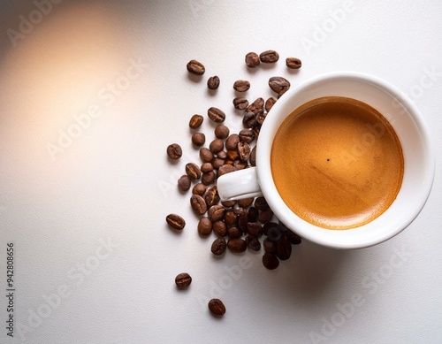 Fotografía de estudio de una taza de café ecológico artesanal con granos de café alrededor en un fondo blanco vacío con espacio para texto. Perspectiva cenital desde arriba.