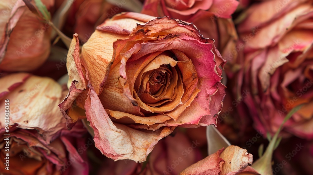 Dried red rose flower pattern which has withered or lacks water botanical background Dried red rose flower pattern which has withered or lacks water botanical background
