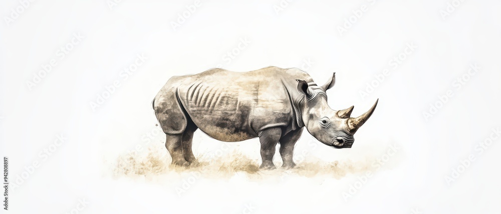 Fototapeta premium A majestic white rhinoceros standing gracefully, showcasing its unique features and strength in a minimalistic setting.