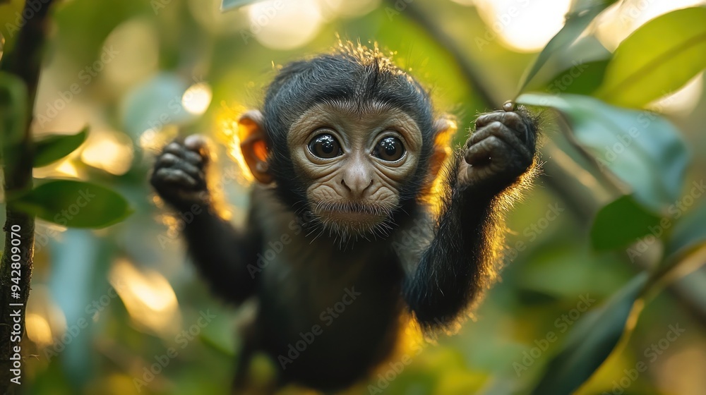 A Curious Baby Monkey Peeking Through the Foliage A Curious Baby Monkey Peeking Through the Foliage